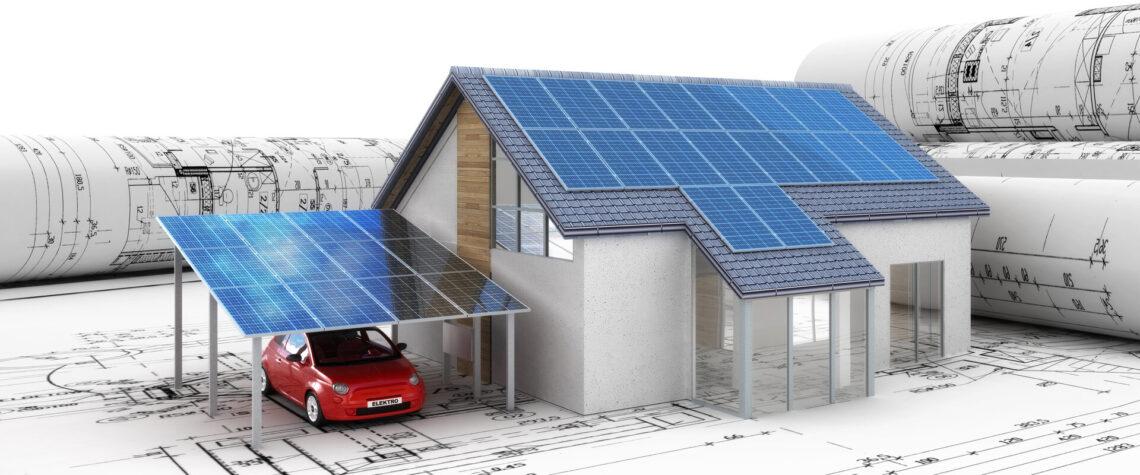 Zeichnung von Haus mit Photovoltaik Anlage auf Dach und Auto unter Carport mit Photovoltaik Anlage auf Dach