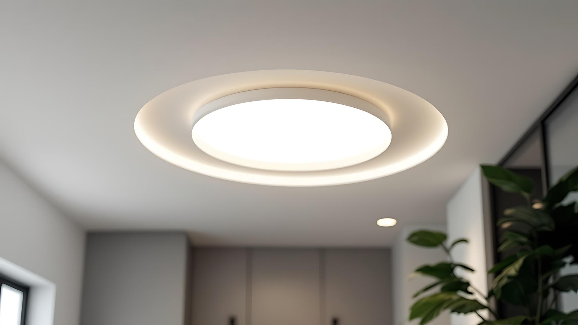Runde LED-Leuchte an Zimmerdecke | Entkalkungsanlage 