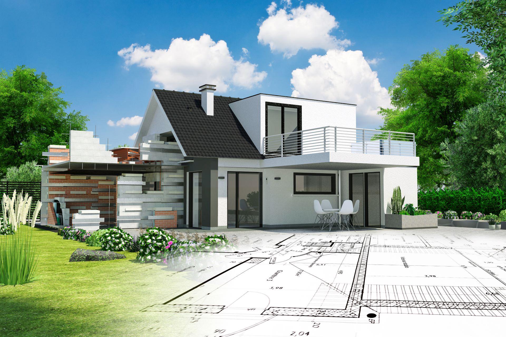 Haus und Bauplan mit Terrassenüberdachung